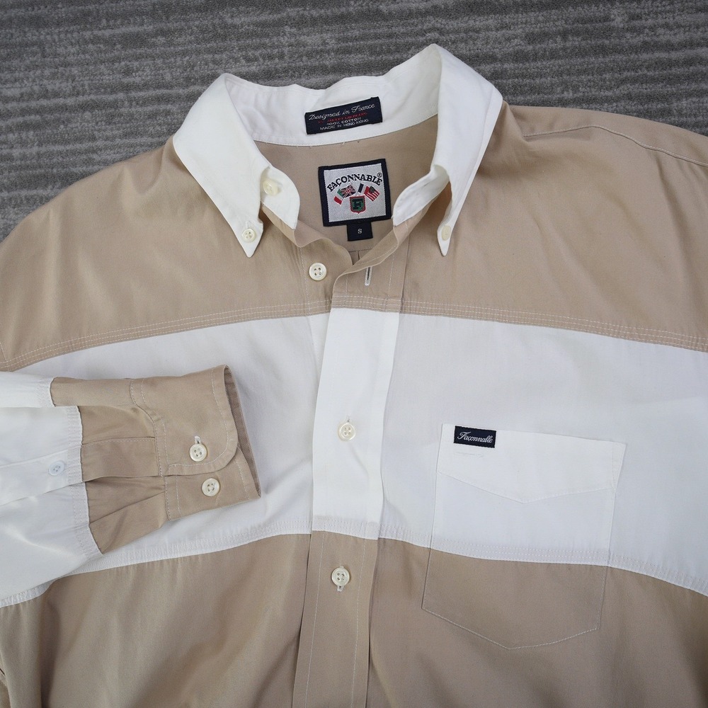 Faconnable Albert Goldberg Shirt Men Tan White Striped Button Down Small S